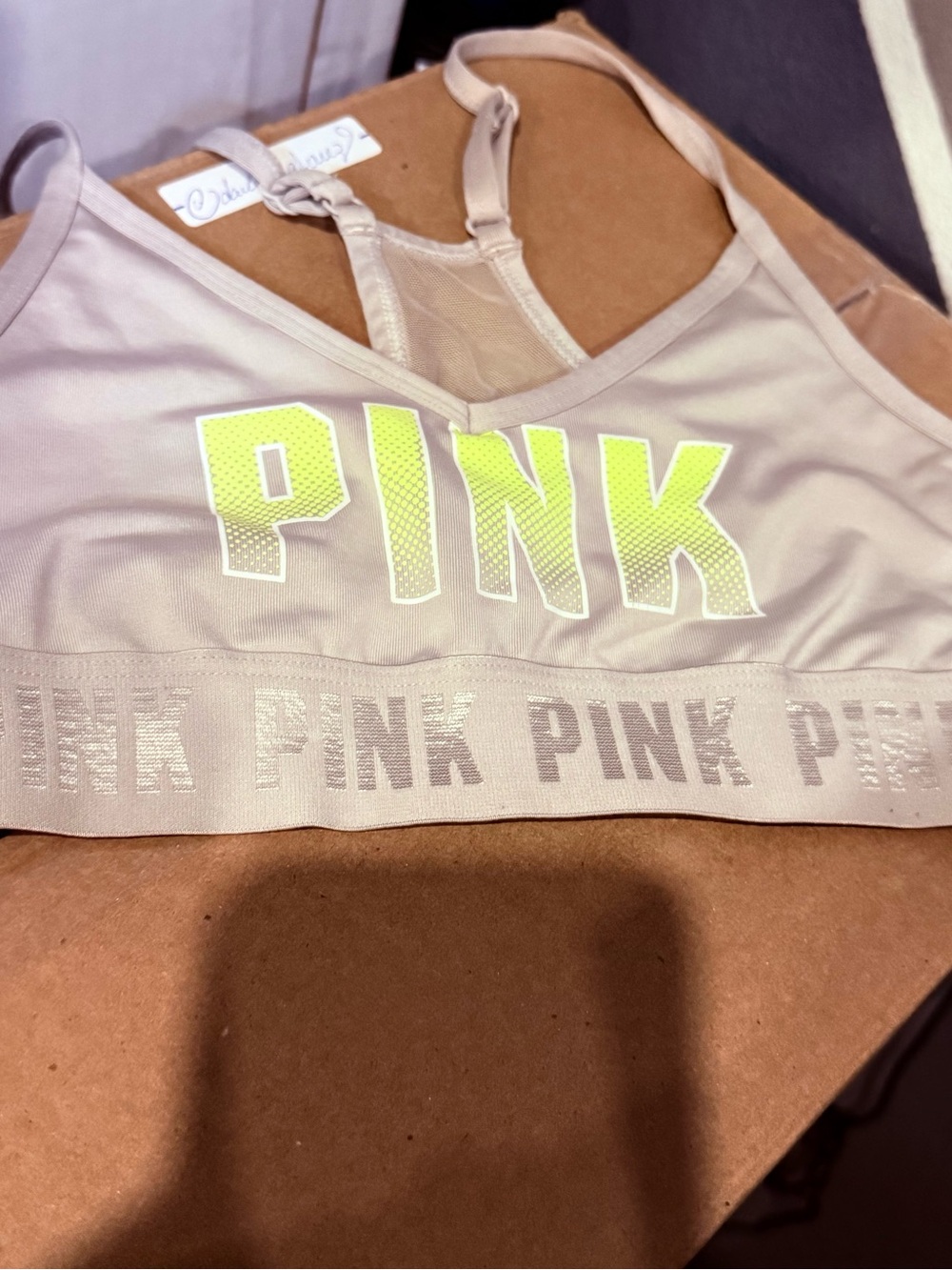 PINK Victoria's Secret Light Beige Sports Bralette with Neon Yellow Logo